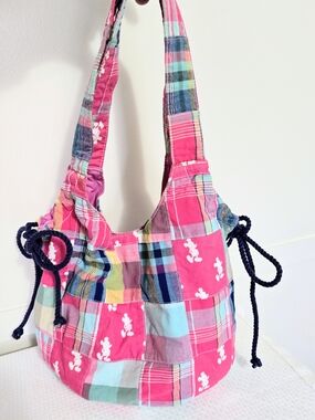 Disney Mickey Mouse Patchwork Tote Cinch Side Bag Pink Cotton Colorful Memories